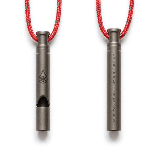 Survival Whistle by Kind Design - titanium whistle on red polycord, front and back views